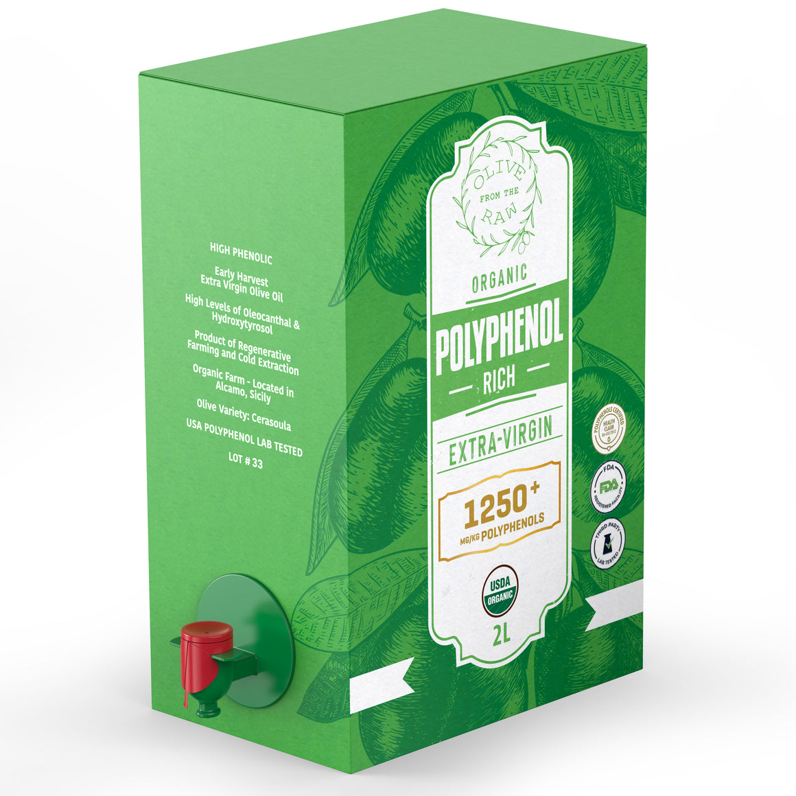 A 2-liter green carton of olive oil with a side-mounted green spout and red valve, featuring a white front label that reads 'Organic Polyphenol Rich Extra-Virgin' and '1250+ with Polyphenol.'.